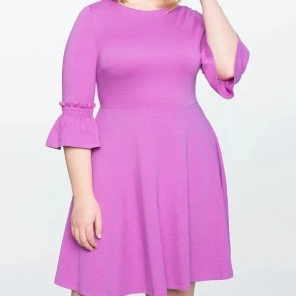 Eloquii Fit & Flare Dress 3/4 Smocked Flared Sleeve Magenta Ponte Knit Size 14 - Picture 2 of 10